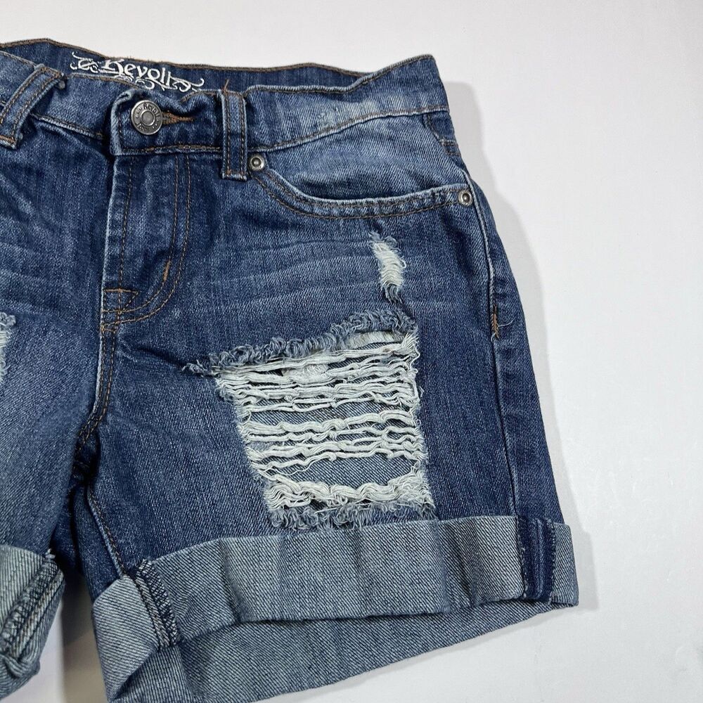 Revolt Distressed Denim Blue Jean Cuff Stretch Jean Shorts Juniors Size 1 - Picture 2 of 6